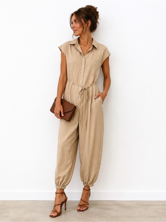 Pants - Sleeveless Beige Utility Jumpsuit with Drawstring Waist